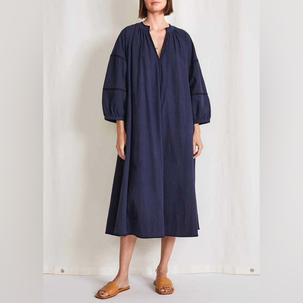 Apiece Apart Almudaina Dress Navy Midi Organic Cotton 3/4 Puff sleeve L